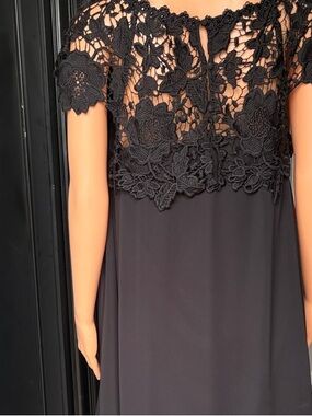 Black Floral Lace Midi Dress with Sheer Yoke